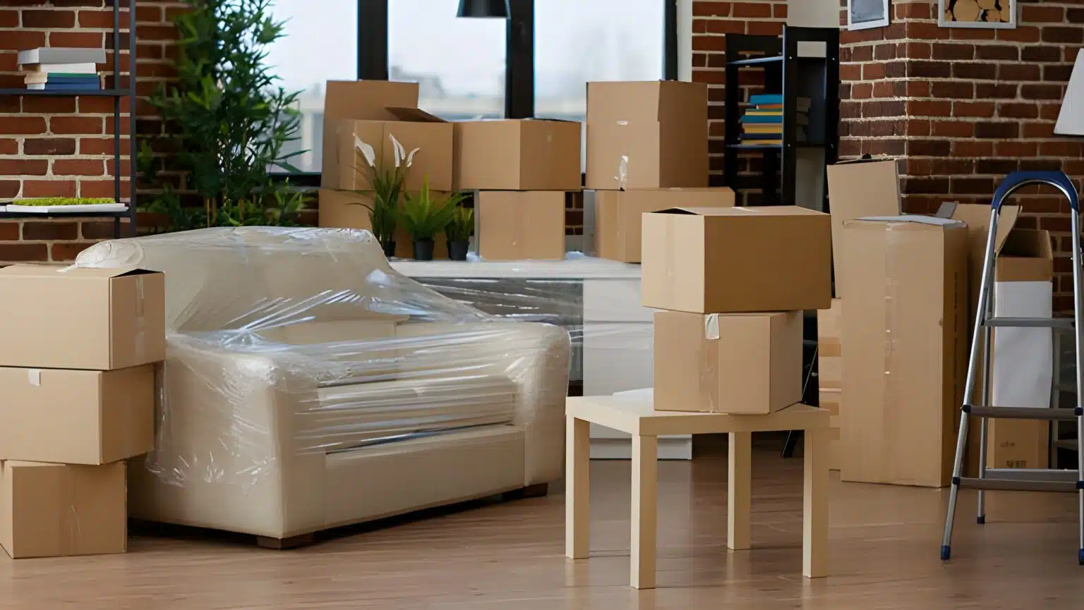 Commercial Movers in Orange Park 10 Furniture in a home wrapped up surrounded by moving boxes, Commercial Movers in Orange Park, FL Image