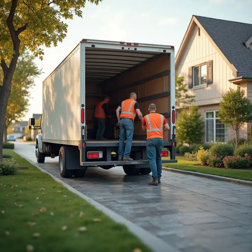 Workers unloading truck in neighborhood, Container Loading and Unloading