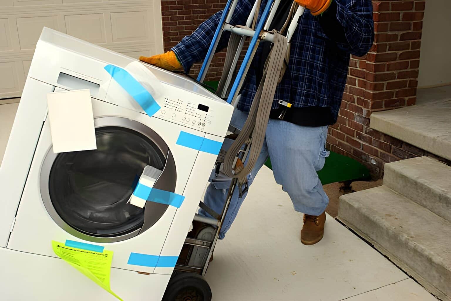 Washing machine being rolled on a dolly cart.