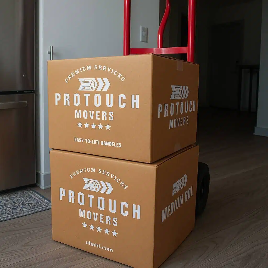 Stacked moving boxes on dolly. moving company in Kingsland, GA