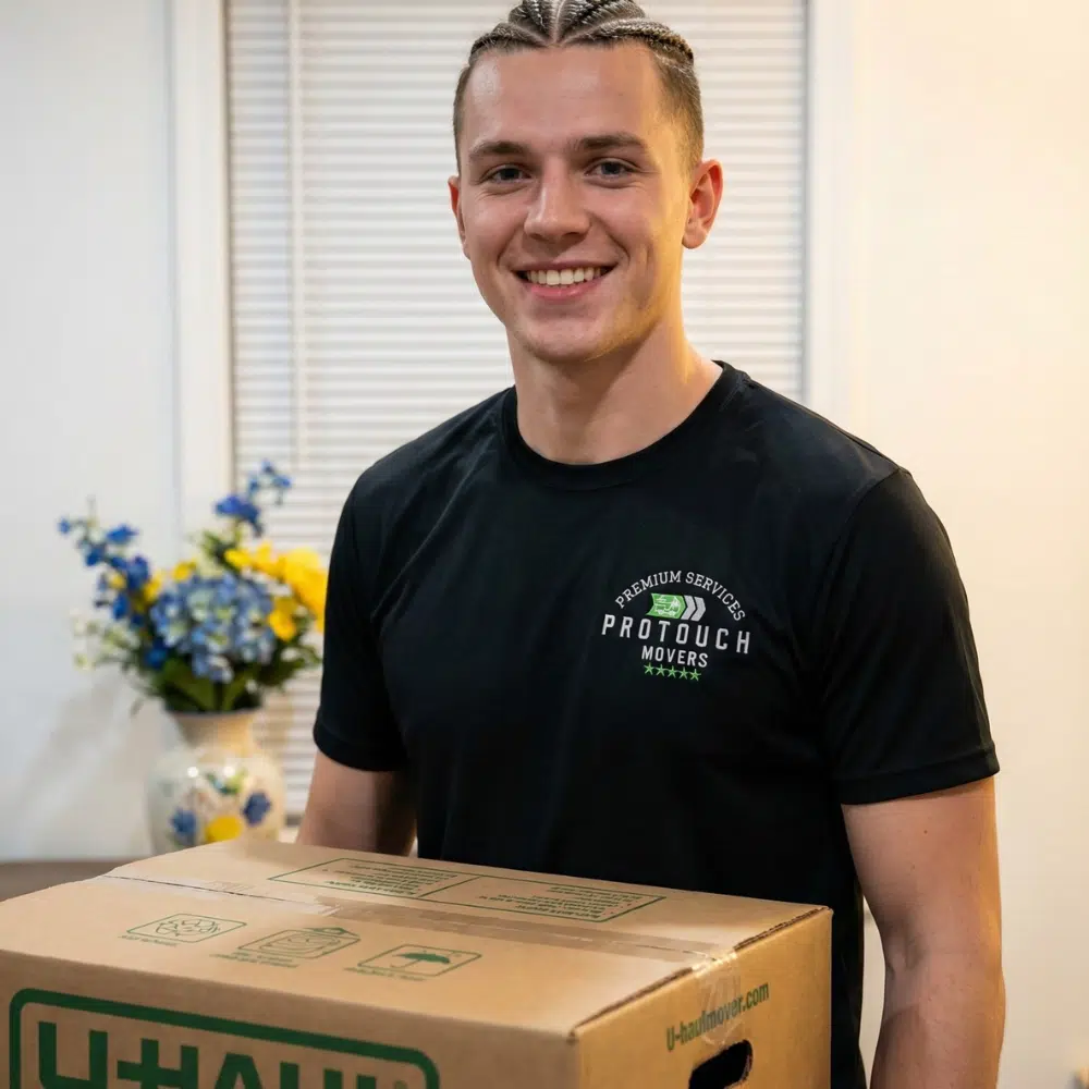 Moving Company in Jacksonville – Home 45 Pro Touch Movers employee holding a box, smiling. moving company in Merritt Island.