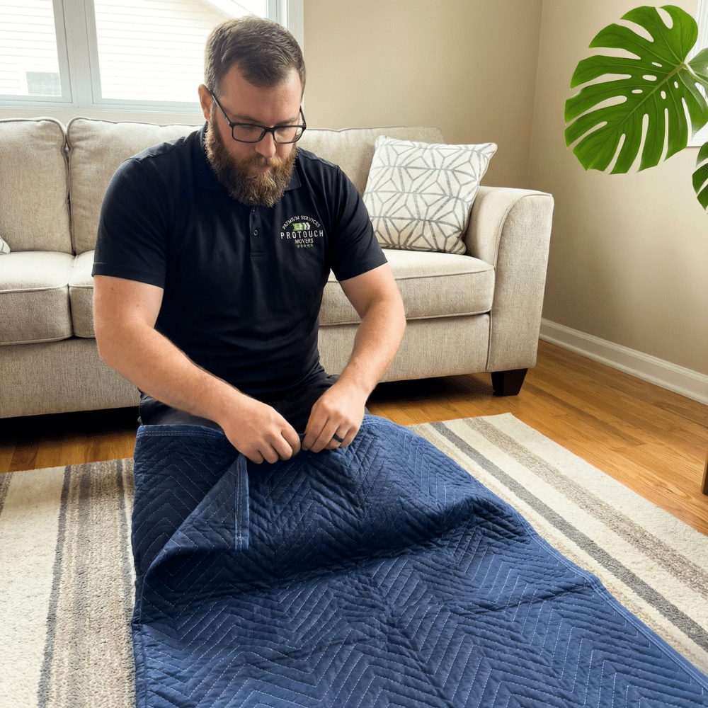 Man rolling up a moving blanket