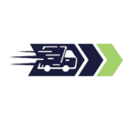 ProTouch Movers moving truck icon with forward arrows in navy blue and lime green.