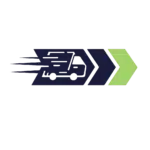ProTouch Movers moving truck icon with forward arrows in navy blue and lime green.